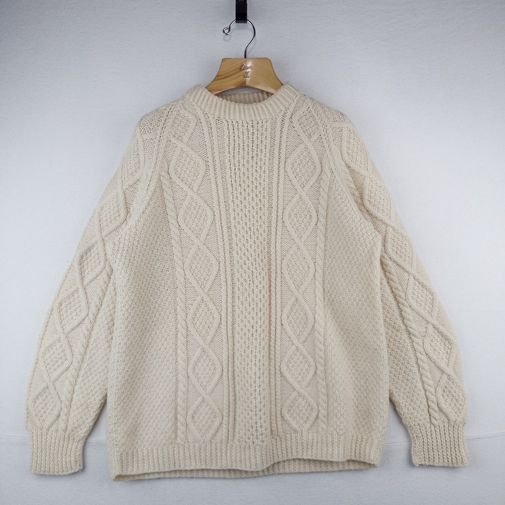 Vintage Handmade Aran Fisherman Cable Knit Wool Sweater Men's Large (42) Cream